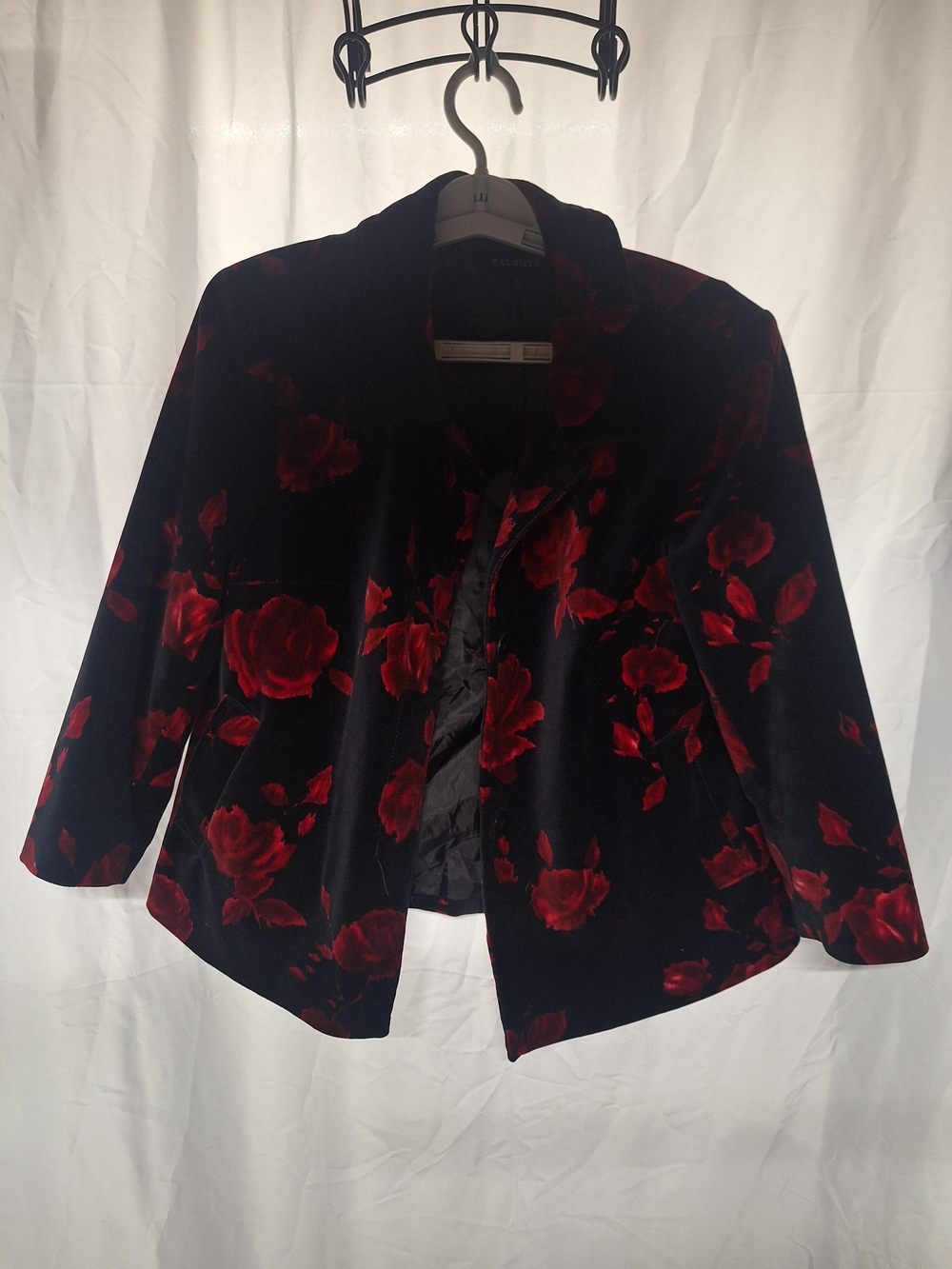 Talbots Black Velvet Blazer with Red Rose Pattern